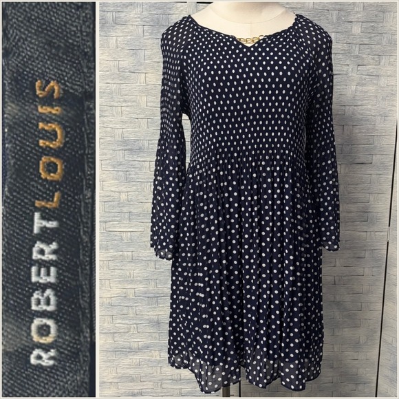 Robert Louis Dresses & Skirts - Robert Louis Navy Polka Dot PXL Pleated Bell Sleeve V Neck Midi Whimsigoth Retro